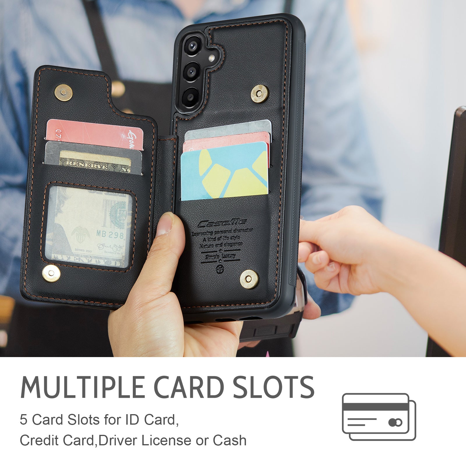 For Samsung Galaxy A16 5G / A16 4G Case CASEME C22 Series Leather+TPU Cover RFID Blocking 5 Card Slots - Black For Samsung Galaxy A16 5G / A16 4G Case CASEME C22 Series Leather+TPU Cover RFID Blocking 5 Card Slots - Black